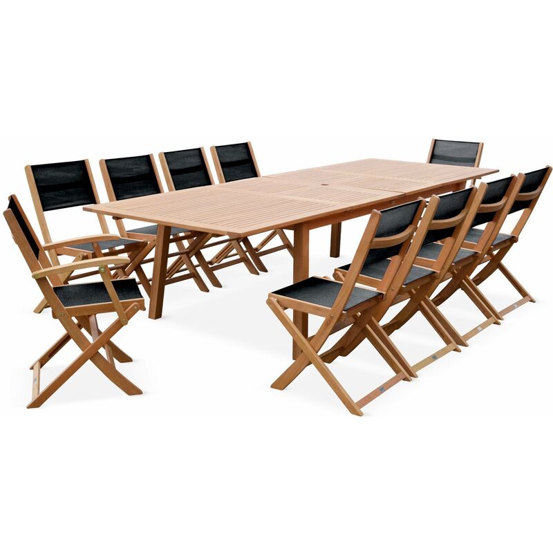 Sweeek - Salon de jardin en bois Almeria. grande table extensible 200 à 300cm rectangulaire 2 fauteuils 8 chaises eucalyptus et textilène Bois / Noir
