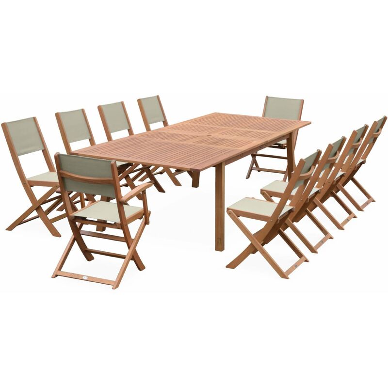 Salon de jardin en bois Almeria. grande table extensible 200 à 300cm rectangulaire 2 fauteuils 8 chaises eucalyptus et textilène Bois / Gris - Bois