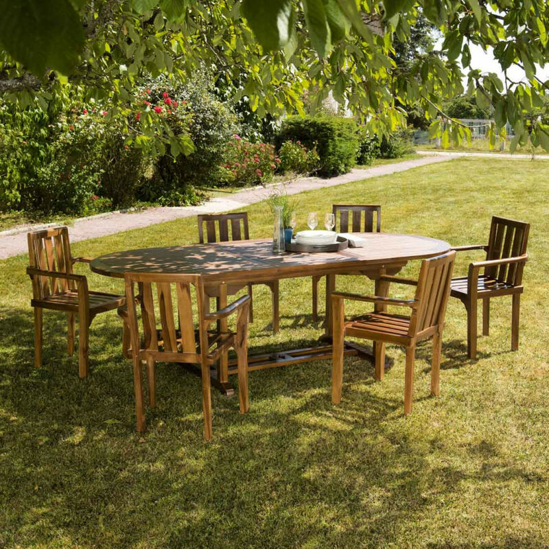 Hanna - Salon de jardin en bois teck huilé 8/10 personnes - 1 table ovale extensible 180/240100 cm et 6 fauteuils empilables - Marron