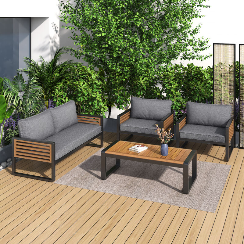 Modernluxe - Salon de jardin en Fer 4 personnes - 1 canapé、2 fauteuils et 1 table basse - décoré de Bois d'Acacia - Gris