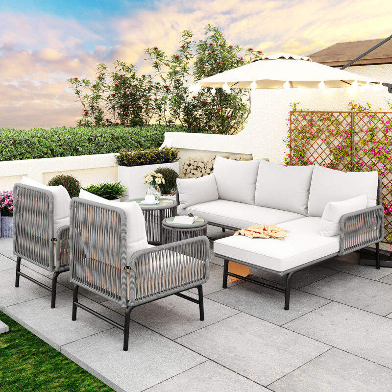 Salon de jardin en Fer et Corde - 2 canapés, 2 fauteuils et 2 tables basses gigognes - avec tous les coussins - Gris