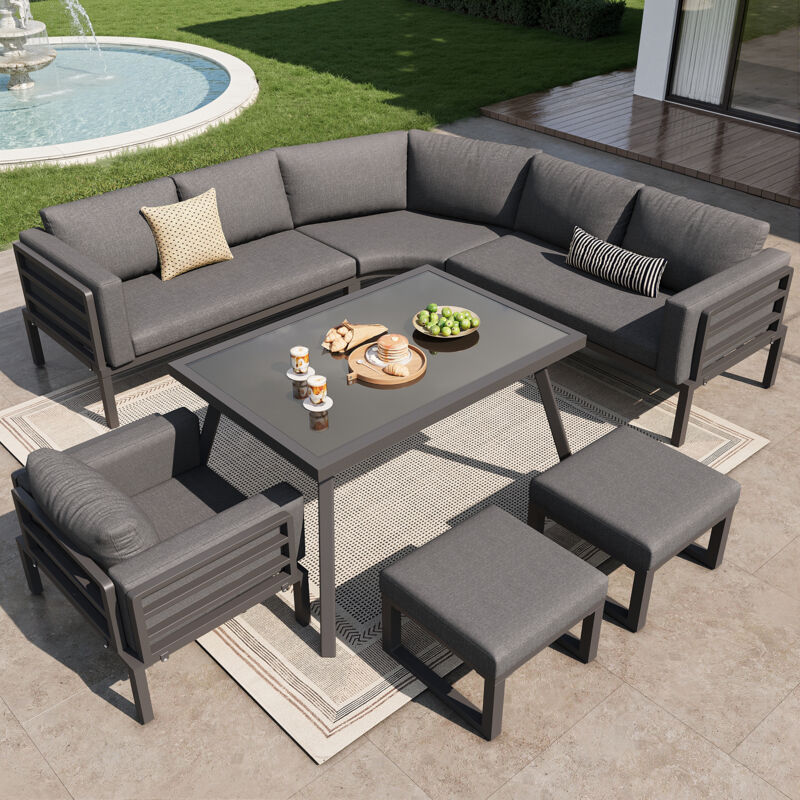 Salon de jardin en fer galvanisé - Ensemble de meubles pour 8 places - 1 fauteuil, 2 tabourets, canapé d'angle et table à manger - Gris
