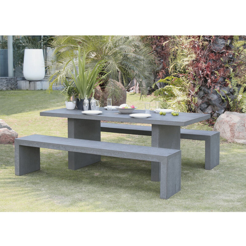 Macabane - hans - salon de jardin en fibre de beton 8 pers - Ensemble de jardin - 1 Table rectangulaire 20090 cm et 2 bancs - Anthracite