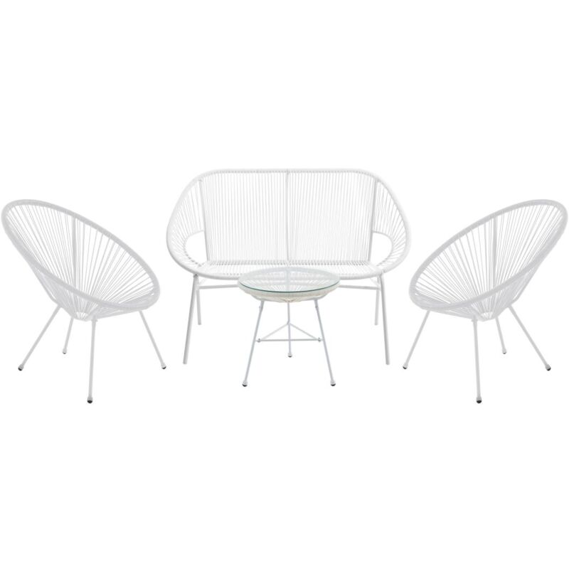 Vente-unique - Salon de jardin en fils de résine tressés : 2 fauteuils, un banc et une table - Blanc - alios iii de mylia