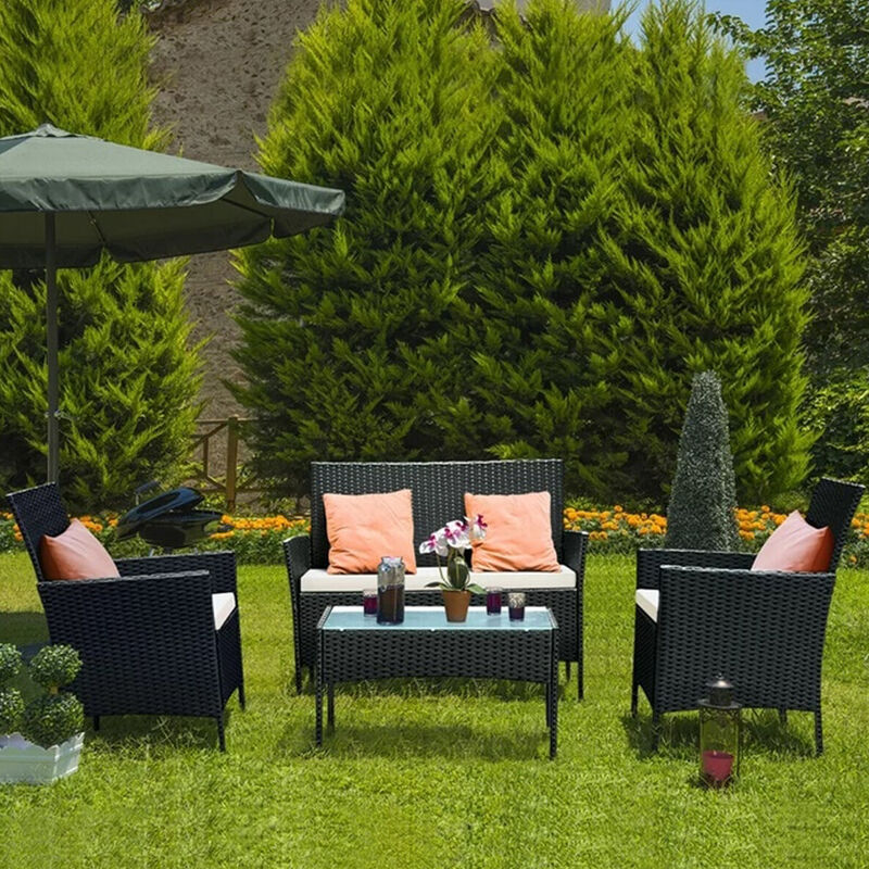 Ensemble de 4 meubles de jardin Bigzzia Imitation résine tressée - Noir - Rotin