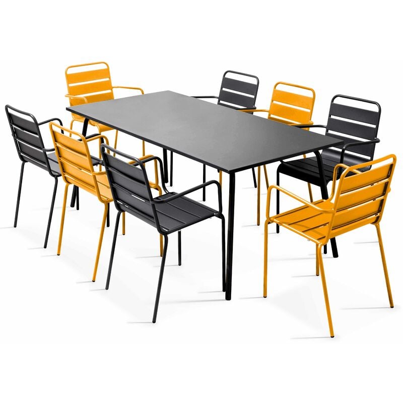 Ensemble table de jardin et 8 fauteuils en métal jaune et gris - Palavas