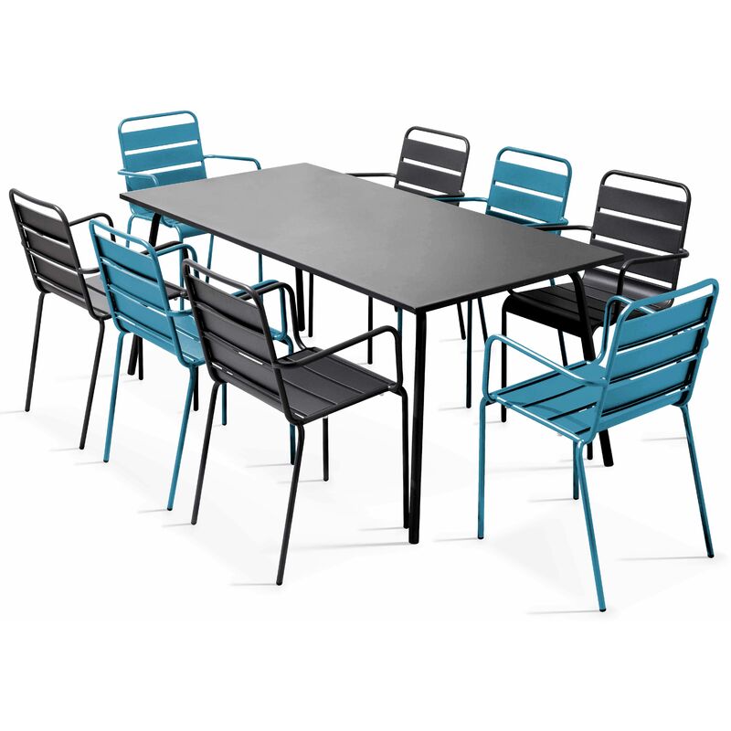 Ensemble table de jardin et 8 fauteuils en métal bleu pacific et gris - Palavas