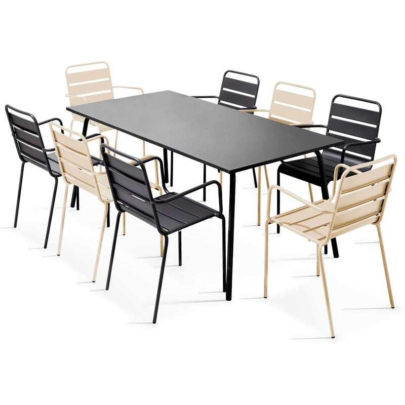 Ensemble table de jardin et 8 fauteuils en métal ivoire et gris - Palavas