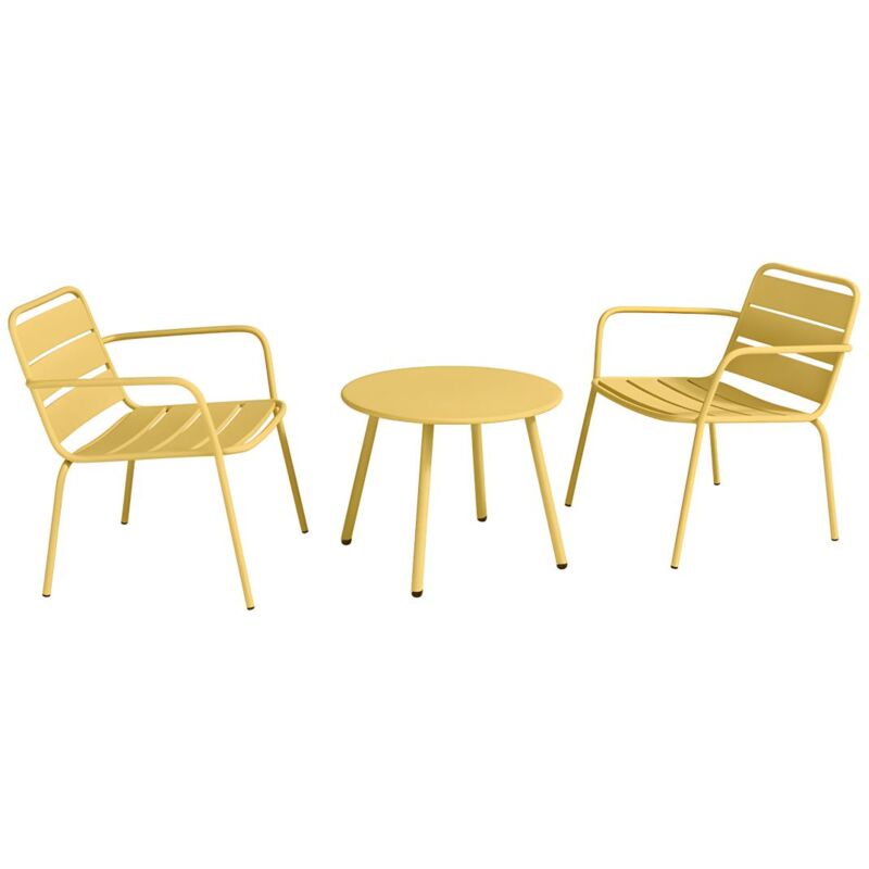Salon de jardin en métal - 2 fauteuils bas empilables et une table d'appoint ronde - Jaune moutarde - mirmande de mylia