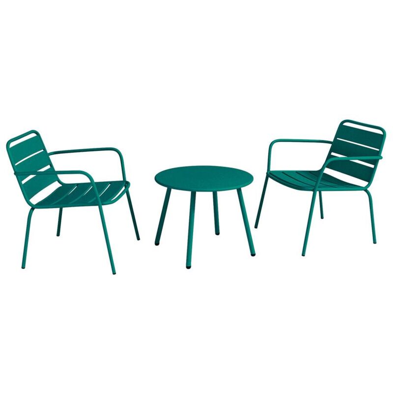 Vente-unique - Salon de jardin en métal - 2 fauteuils bas empilables et une table d'appoint ronde - Bleu canard - mirmande de mylia
