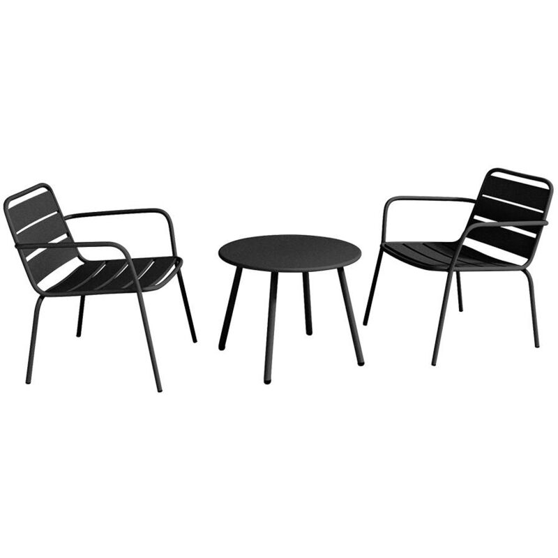 Vente-unique - Salon de jardin en métal - 2 fauteuils bas empilables et une table d'appoint ronde - Noir - mirmande de mylia