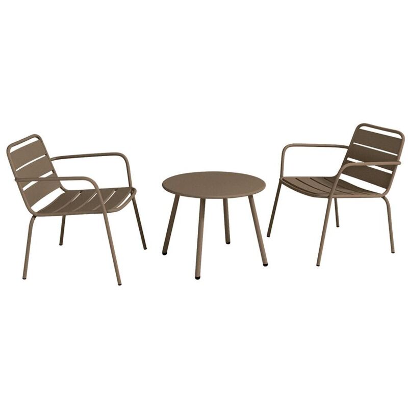 Vente-unique - Salon de jardin en métal - 2 fauteuils bas empilables et une table d'appoint ronde - Taupe - mirmande de mylia