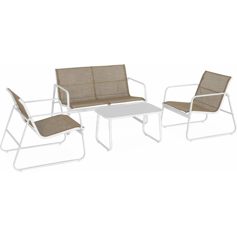 Salon de jardin en métal et textilène pour 4 personnes. design Blanc / Naturel
