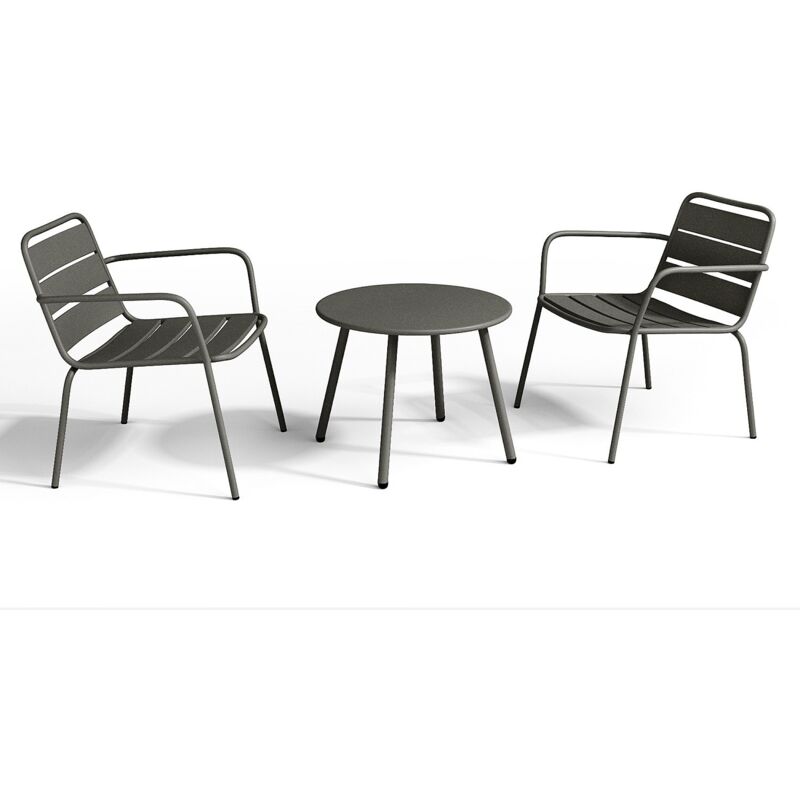 Salon de jardin en métal - 2 fauteuils bas empilables et une table d'appoint ronde - Gris anthracite - MIRMANDE de MYLIA Salon de jardin en métal - 2 fauteuils bas empilables et une table d'appoint ronde - Gris anthracite - MIRMANDE de MYLIA