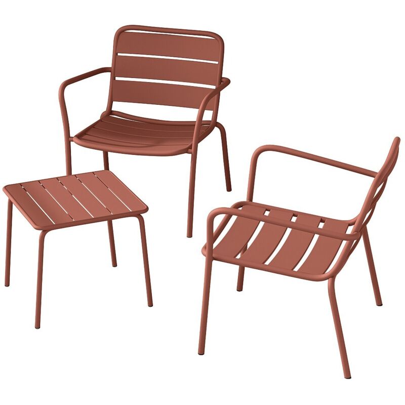 Salon de jardin en métal - 2 fauteuils bas empilables et une table d'appoint carrée - Terracotta - MIRMANDE de MYLIA