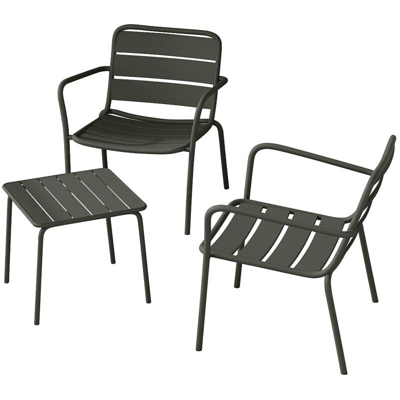 Salon de jardin en métal - 2 fauteuils bas empilables et une table d'appoint carrée - Gris anthracite - MIRMANDE de MYLIA Salon de jardin en métal - 2 fauteuils bas empilables et une table d'appoint carrée - Gris anthracite - MIRMANDE de MYLIA