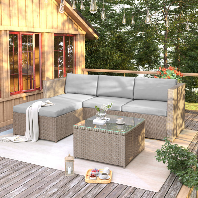 Salon de Jardin en Poly Rotin,Canapé d'Angle 4 Places,Table avec plateau en verre,Avec Coussins d’assise et de dossier,Kaki