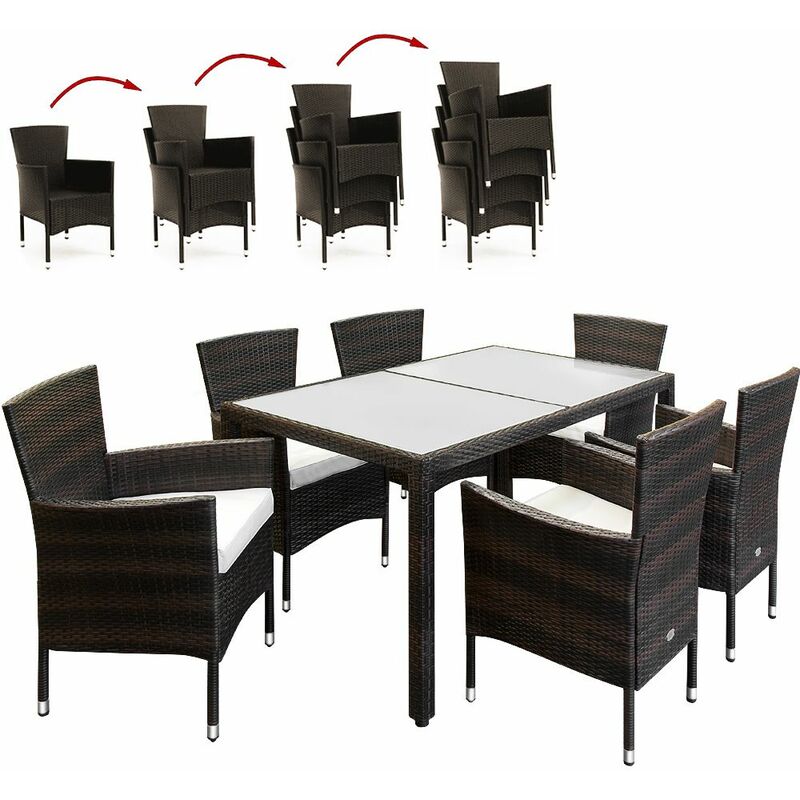 Salon de jardin en polyrotin brun crème Ensemble table et chaises avec coussins Ensemble de jardin 6 personnes