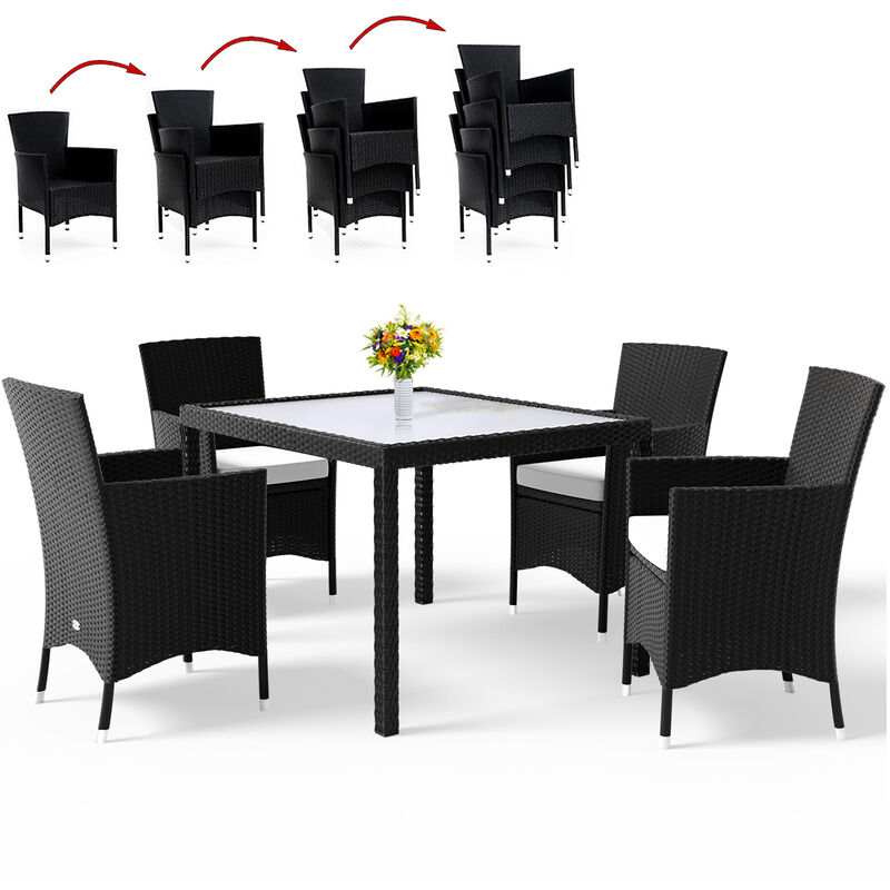 Deuba - Salon de Jardin - Ensemble 4+1 - Noir, polyrotin - 4 chaises empilables + Table avec Plateau en Verre dépoli - Coussins Couleur crème Compris