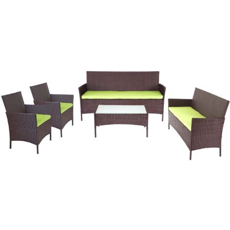 Salon de jardin en polyrotin avec fauteuils bancs et table marron chiné coussin vert 040005729