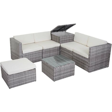 Salon de jardin en polyrotin canapé fauteuils tabouret table compartiment de rangement gris, coussins crème - crèmem