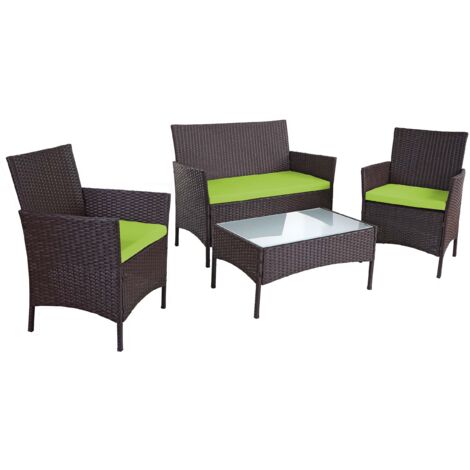 Salon de jardin en polyrotin marron 2 fauteuils 1 banc et table inclus coussins verts 040000056