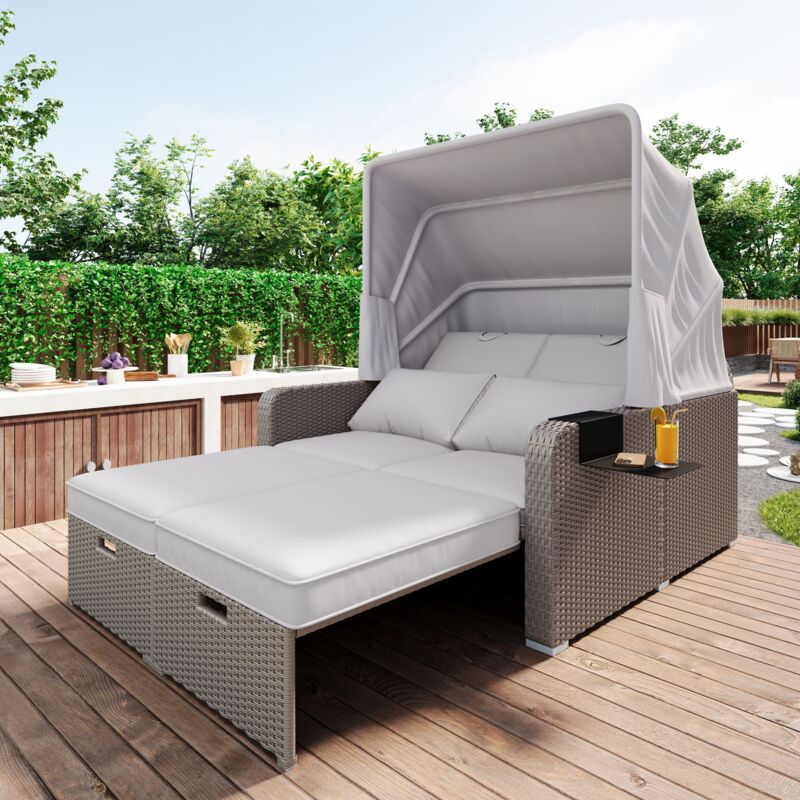 Salon de jardin en polyrotin pour 2 personnes, canapé de jardin, canapé lounge, kaki