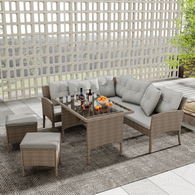 Salon de jardin en polyrotin pour 7 personnes avec canapé, table, tabouret et coussins, housse en tissu amovible et lavable, kaki