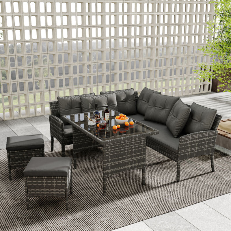 Salon de jardin en polyrotin pour 7 personnes avec canapé, table, tabouret et coussins, housse en tissu amovible et lavable, gris