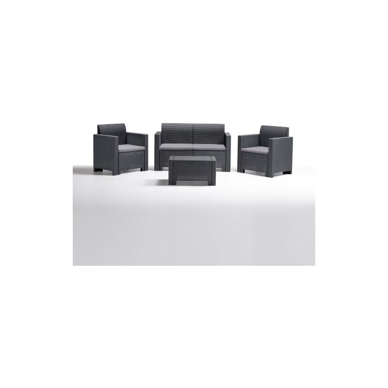 Salon Nebraska 2 en re'sine effet polirattan anthracite compose' d'un canape' de deux fauteuils avec coussins et d'une table de jardin d'exte'rieur
