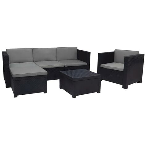 Salon de jardin en résine moulée: un canapé d'angle 4 places, un fauteuil et une table basse - Anthracite - MANHATTAN