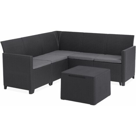 Salon de jardin en résine plastique injectée imitation rotin - Claire angle - Graphite, coussins gris - deux fauteuils sans accoudoirs, trois fauteuils d'angle, une table basse de rangement