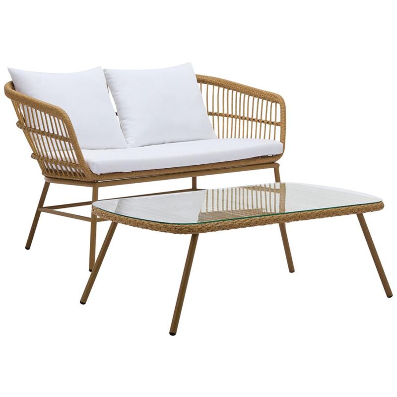 Vente-unique - Salon de jardin en résine tressée : 1 canapé 2 places et 1 table basse - Naturel clair - lousini de mylia