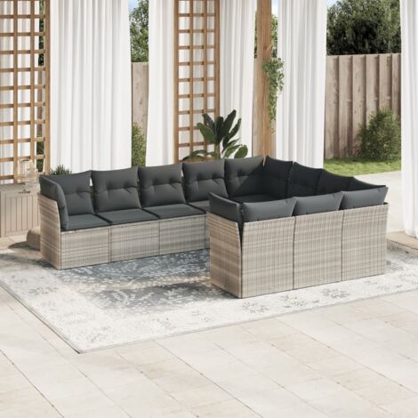 Salon de jardin en résine tressée 10 places gris clair, coussins amovibles, rangement intégré