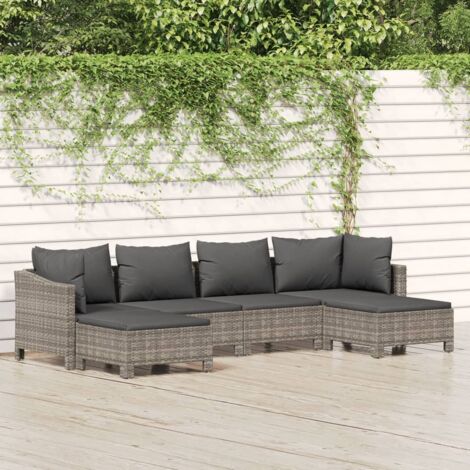 Salon de Jardin en Résine Tressée 6 Pièces avec Coussins Gris 2 Canapés d'Angle + 2 Centraux + 2 Poufs