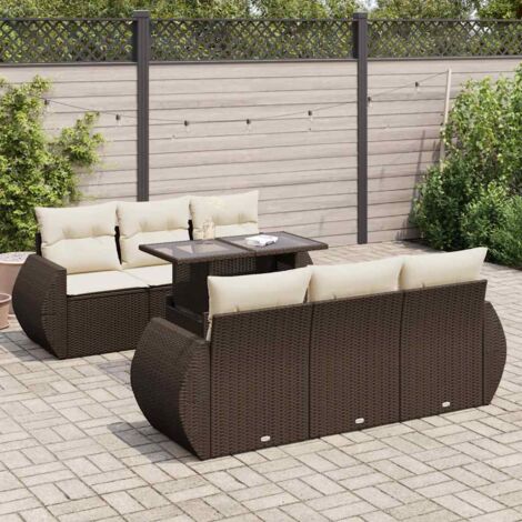 Salon de Jardin en Résine Tressée 7 Pièces Marron avec Coussins et Fonction Rangement