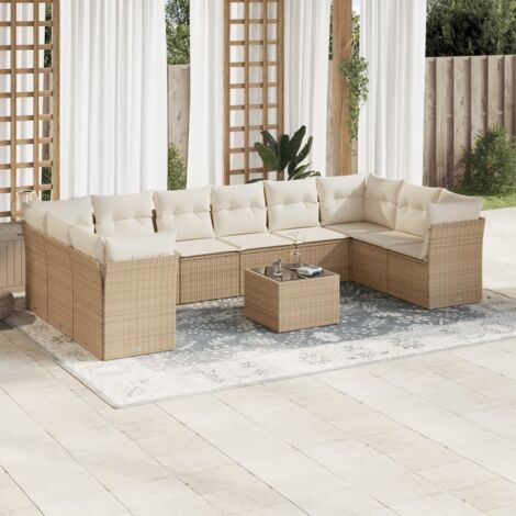 Salon de jardin en résine tressée beige, 10 pièces avec coussins gris (6 assises centrales + 4 d'angle), housses amovibles