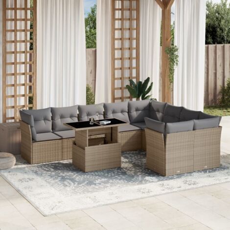 Salon de jardin en résine tressée beige, 10 places avec coussins gris, table ajustable et coussins lavables