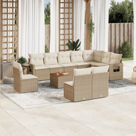 Salon de jardin en résine tressée beige avec 10 coussins gris - 9 places modulable avec table en acacia