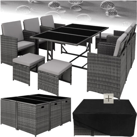 Tectake – Ensemble table et chaises de jardin 6-10 places – Structure en acier avec housse – Coussins hydrofuges lavables – Design moderne gris