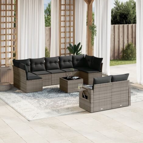 Salon de Jardin en Résine Tressée Gris 10 Places avec Table et Coussins Amovibles - Meuble d'Extérieur Modulaire