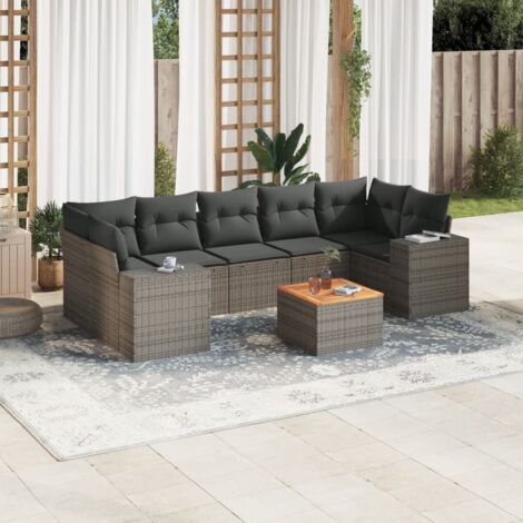 Salon de jardin en résine tressée gris 8 places, avec canapés modulaires, table en acacia et coussins amovibles