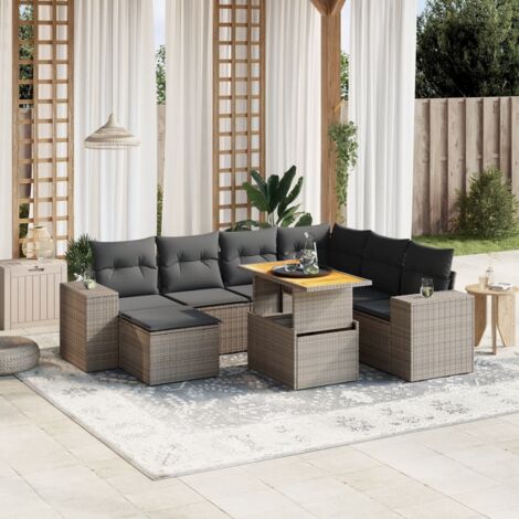 Salon de jardin en résine tressée gris 8 places avec coussins amovibles et table convertible