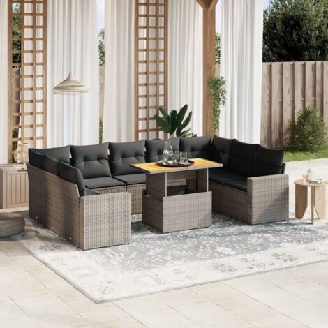 Salon de jardin en résine tressée gris, 9 places avec table basse réglable et coussins lavables