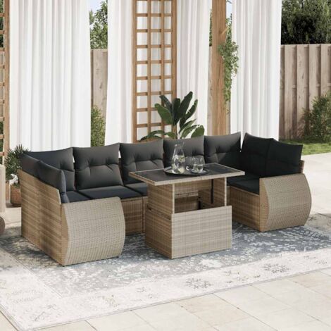 Salon de jardin en résine tressée gris clair 8 places avec coussins, table et rangement étanche