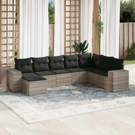 Salon de jardin en résine tressée gris clair avec coussins, 8 pièces - Ensemble modulaire canapé d'angle, central, accoudoirs et repose-pieds