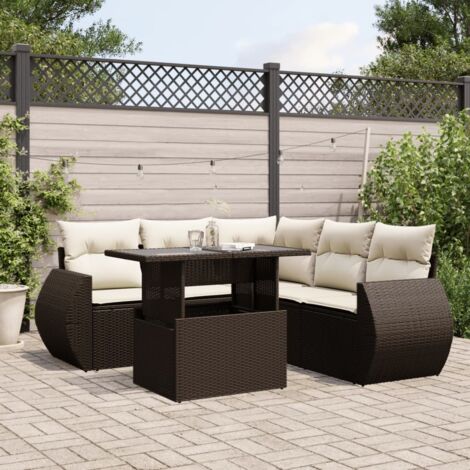 Salon de Jardin en Résine Tressée Marron 6 Places avec Table Rabaissable et Coussins Crème