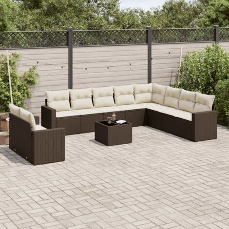 Salon de Jardin en Résine Tressée Marron avec Table en Verre Trempé et 10 Coussins Blanc Crème - Ensemble Modulaire 11 Pièces avec Rangement pour Terrasse