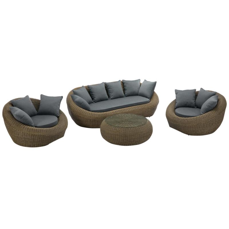 Vente-unique - Salon de jardin en résine tressée naturel foncé : canapé, 2 fauteuils et table basse - whiteheaven de mylia