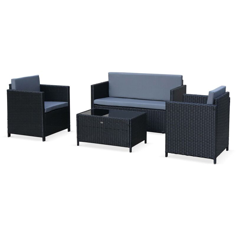 Salon de jardin en résine tressée 4 places Perugia - 1 canapé. 2 fauteuils. une table basse Noir / Gris